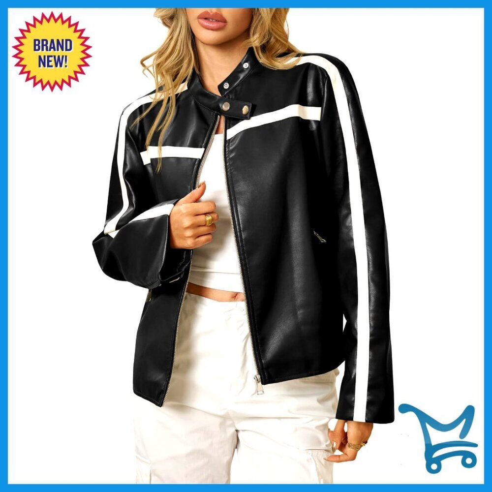 Faux Leather Bomber Jacket Zip Up Moto Biker Vintage Y2K Racing Coat